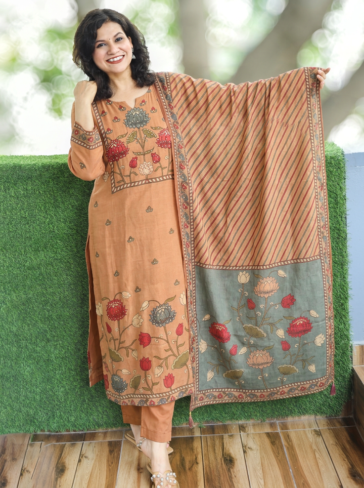 Parisha Peach Sequin with Kalamkari Printed Muslin 3 Piece Set