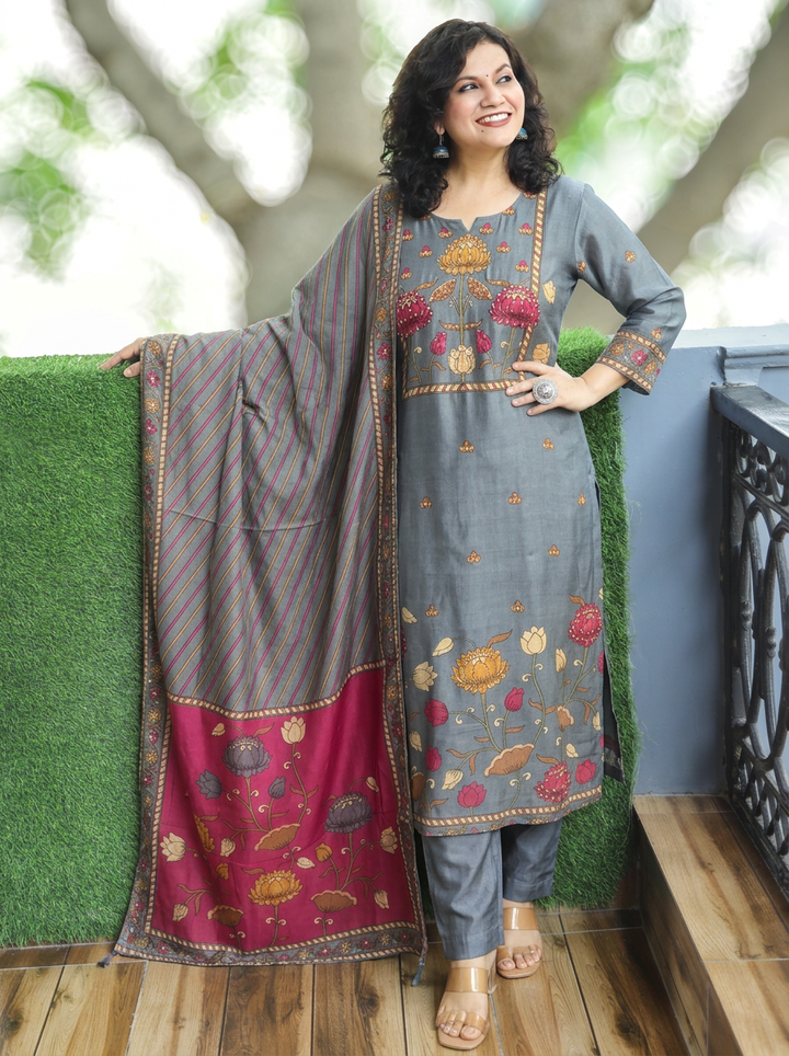 Parisha Grey Sequin with Kalamkari Printed Muslin 3 Piece Set