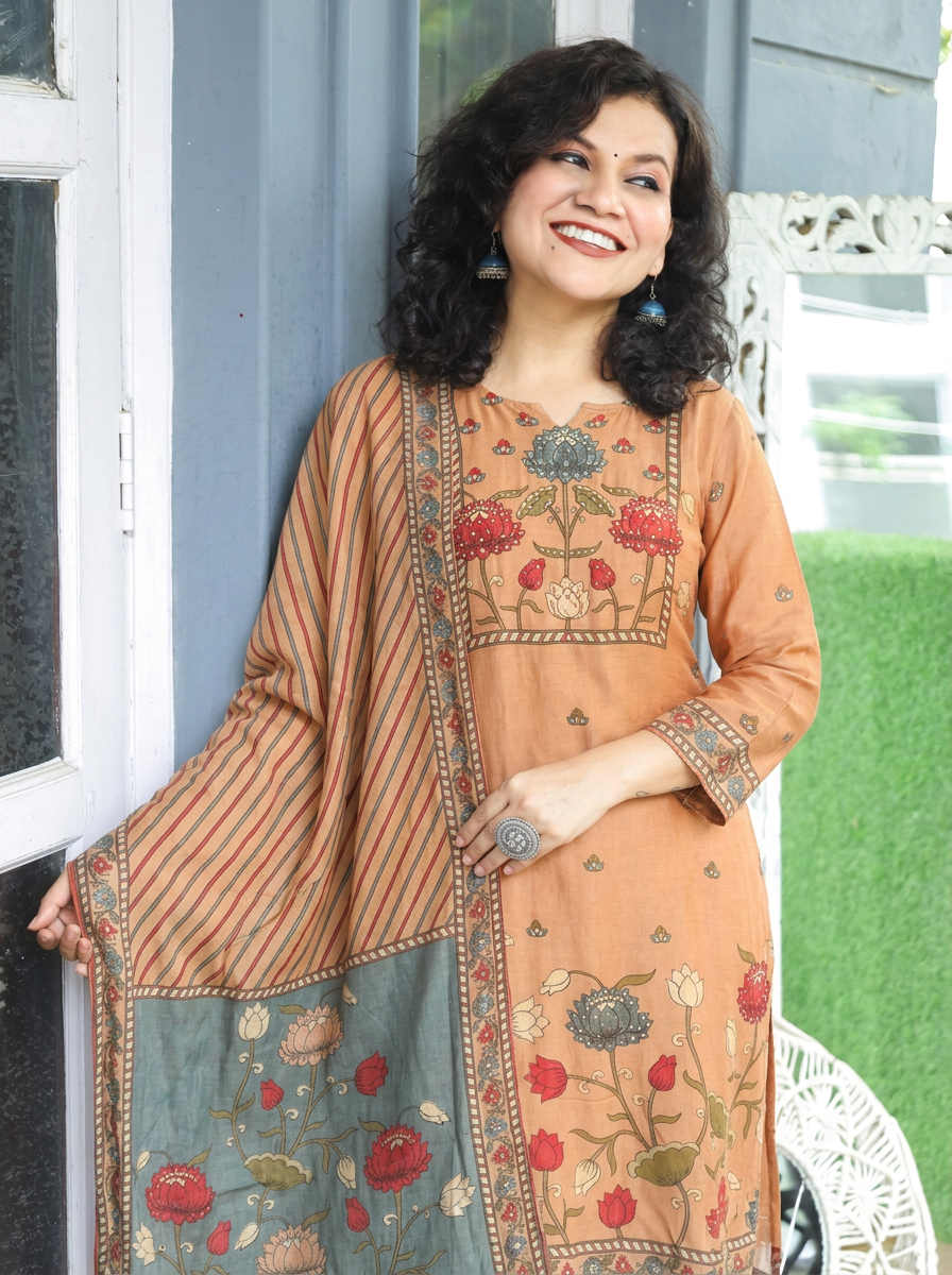 Parisha Peach Sequin with Kalamkari Printed Muslin 3 Piece Set
