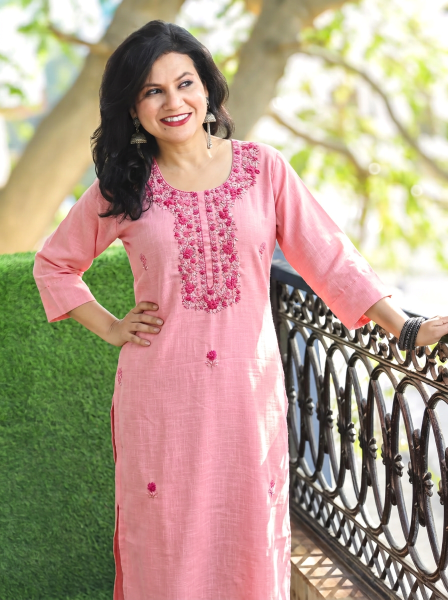 Bella Pink Kolkata Hand Embroidered Cotton Kurti