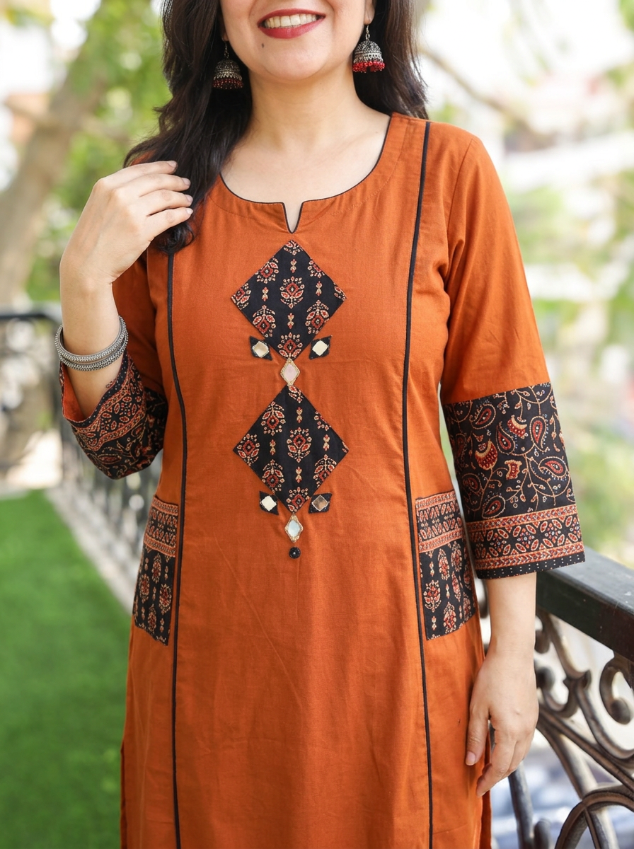 Karishma Rust Ajrakh Patch with Mirror Panel Style Cotton Co-ord Set