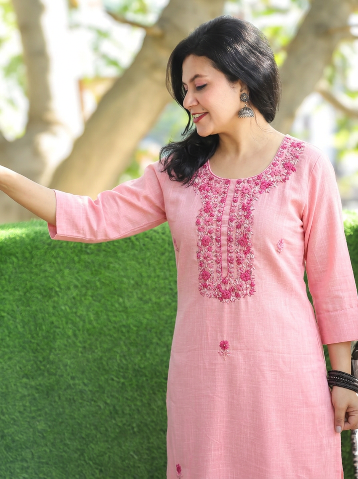 Bella Pink Kolkata Hand Embroidered Cotton Kurti