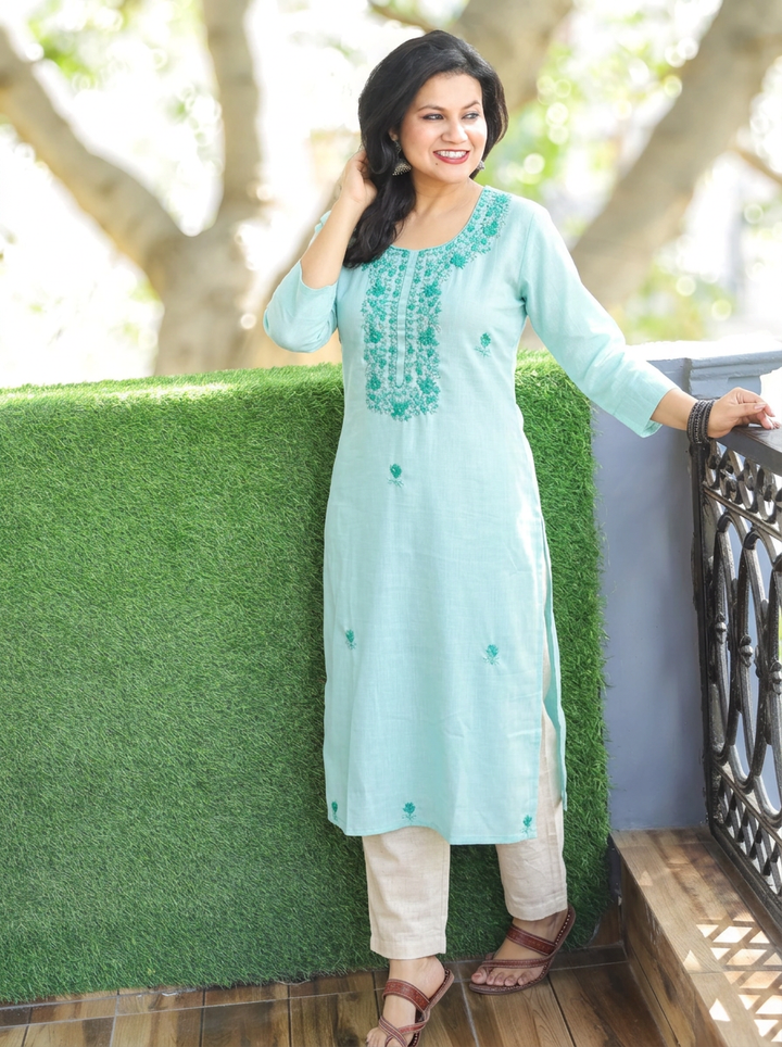 Bella Baby Blue Kolkata Hand Embroidered Cotton Kurti