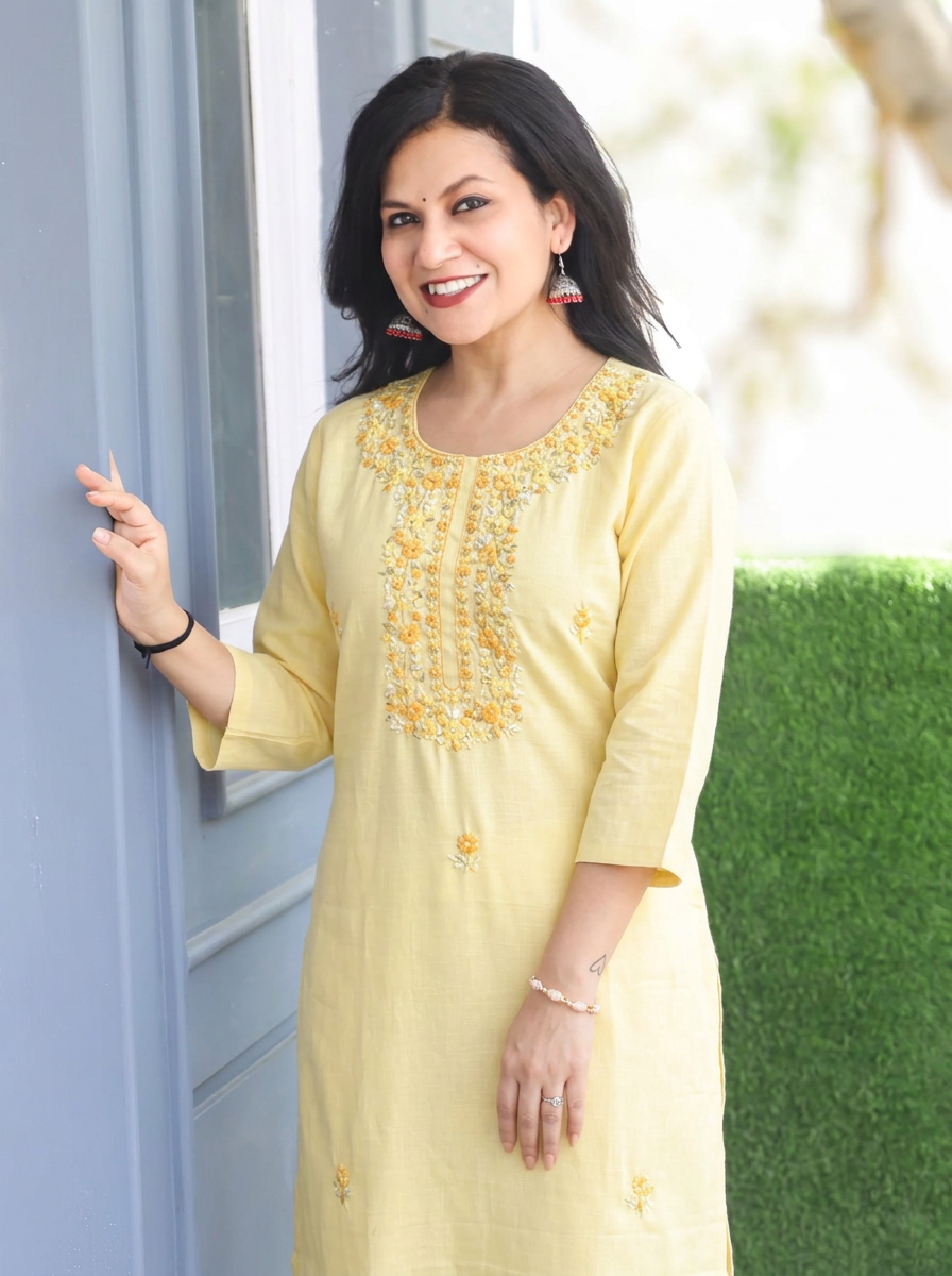 Bella Yellow Kolkata Hand Embroidered Cotton Kurti