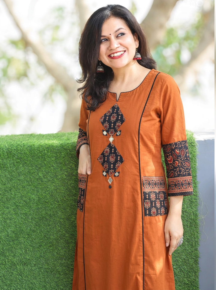 Karishma Rust Ajrakh Patch with Mirror Panel Style Cotton Co-ord Set