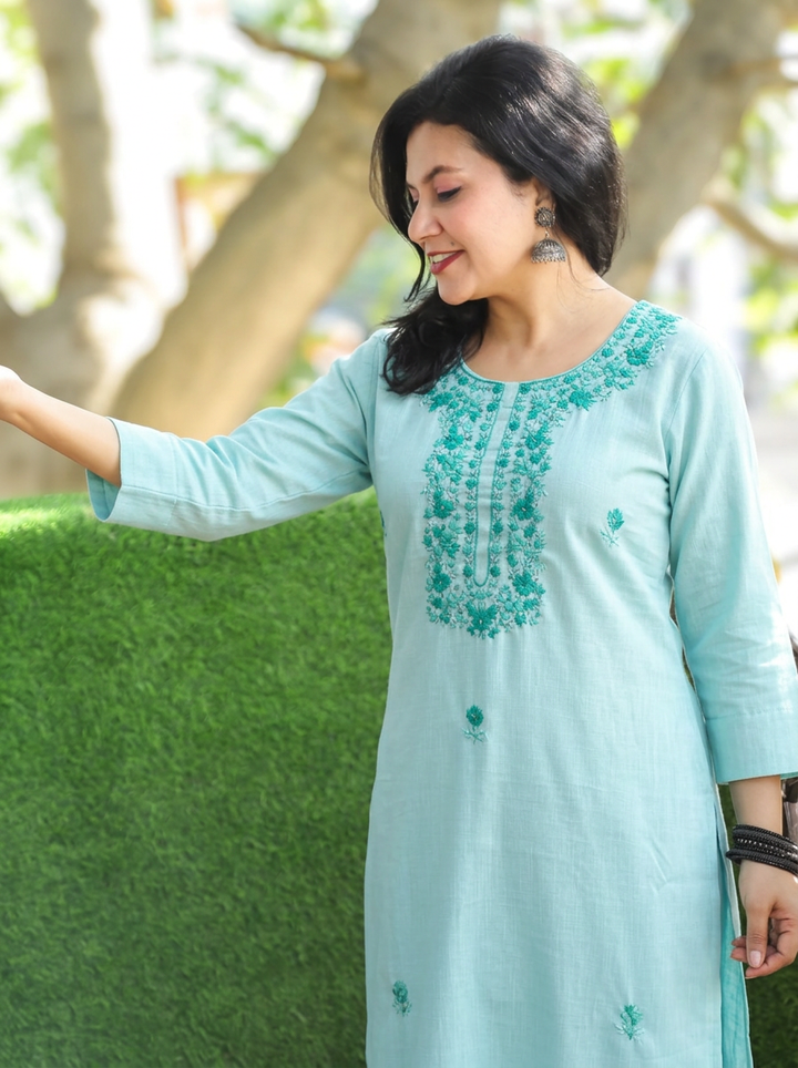 Bella Baby Blue Kolkata Hand Embroidered Cotton Kurti