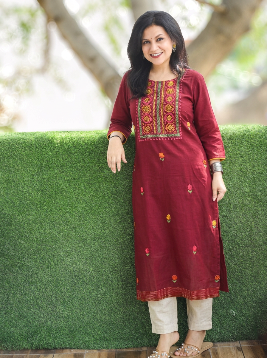Shristhi Maroon Red Kolkata Hand Embroidered Cotton Kurti