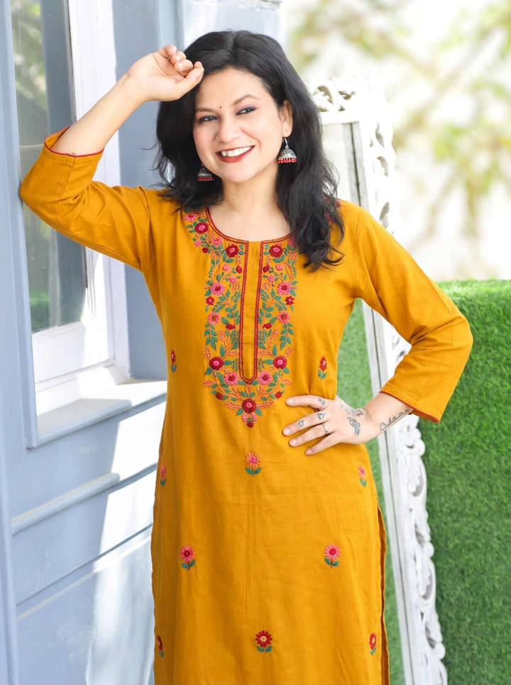 Shristhi Turmeric Yellow Kolkata Hand Embroidered Cotton Kurti