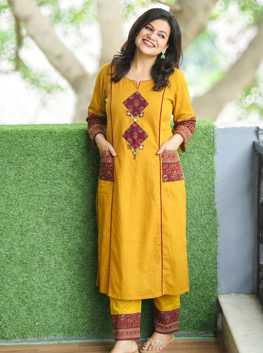 Karishma Yellow Ajrakh Patch with Mirror Panel Style Cotton Co-ord Set