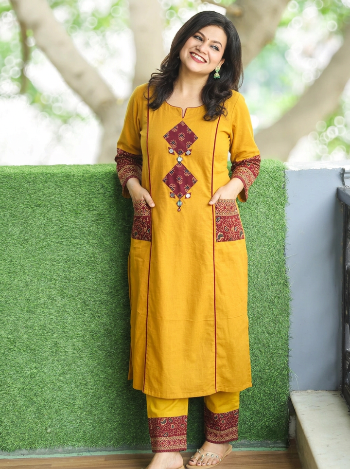 Karishma Yellow Ajrakh Patch with Mirror Panel Style Cotton Co-ord Set