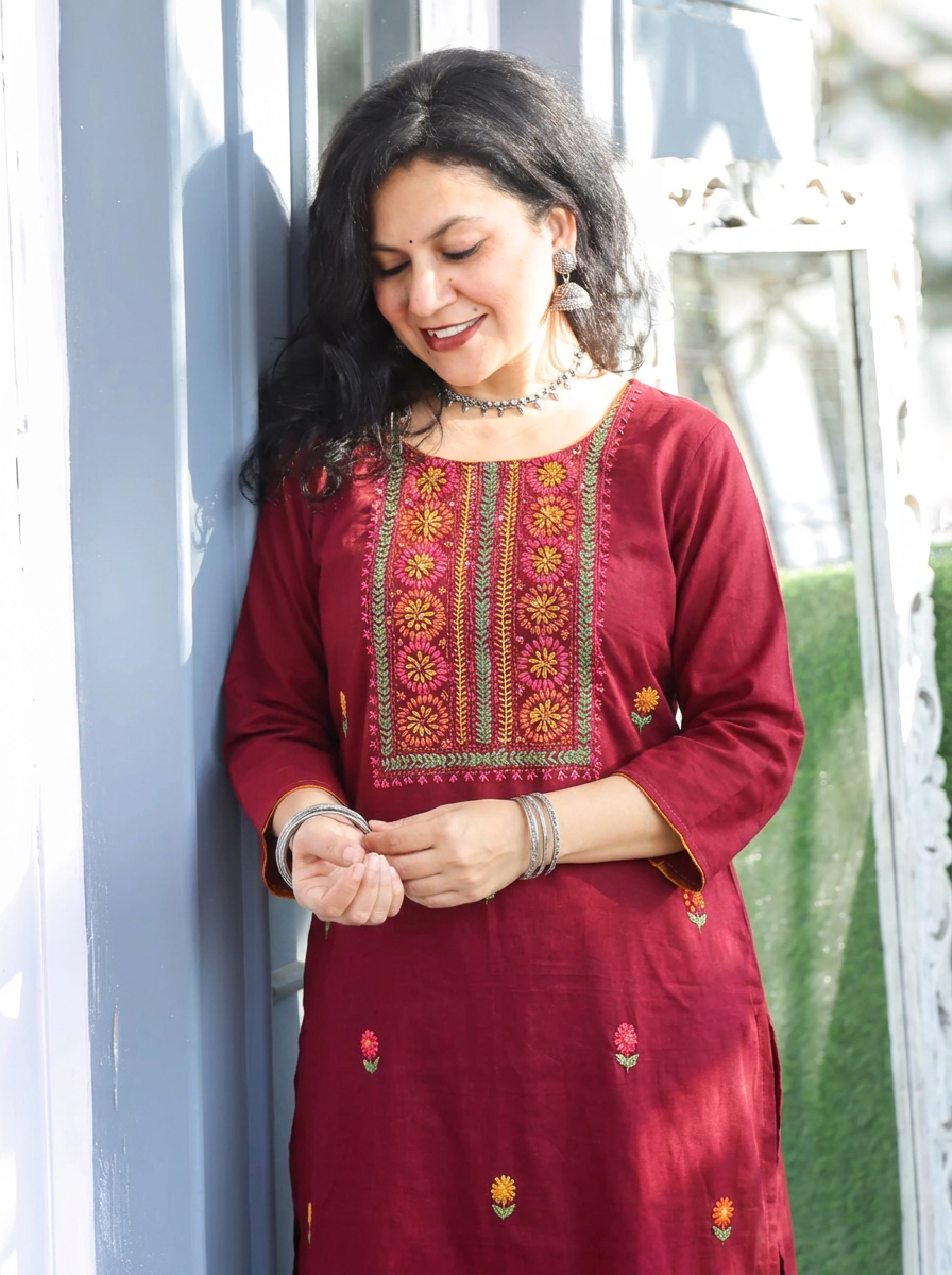 Shristhi Maroon Red Kolkata Hand Embroidered Cotton Kurti