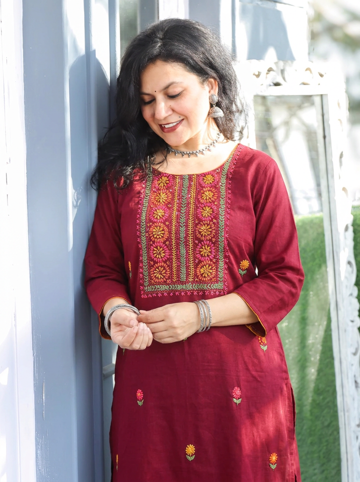 Shristhi Maroon Red Kolkata Hand Embroidered Cotton Kurti