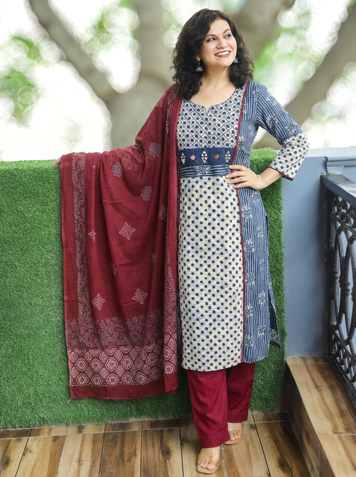 Mahi Indigo Blue Panel Style Dabu Printed Cotton 3 Piece Set