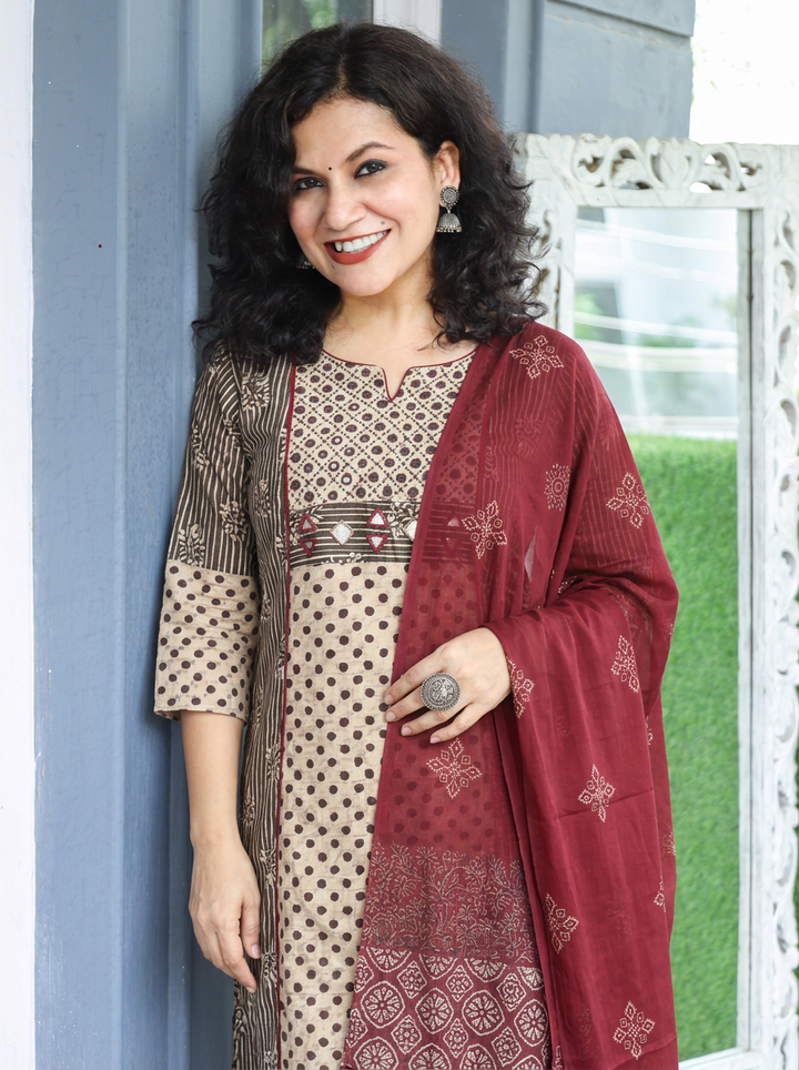 Mahi Indigo Blue Panel Style Dabu Printed Cotton 3 Piece Set