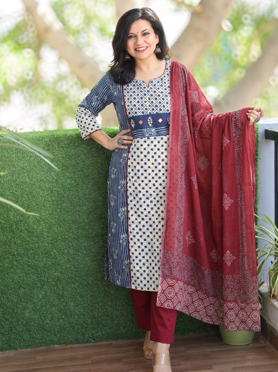 Mahi Indigo Blue Panel Style Dabu Printed Cotton 3 Piece Set