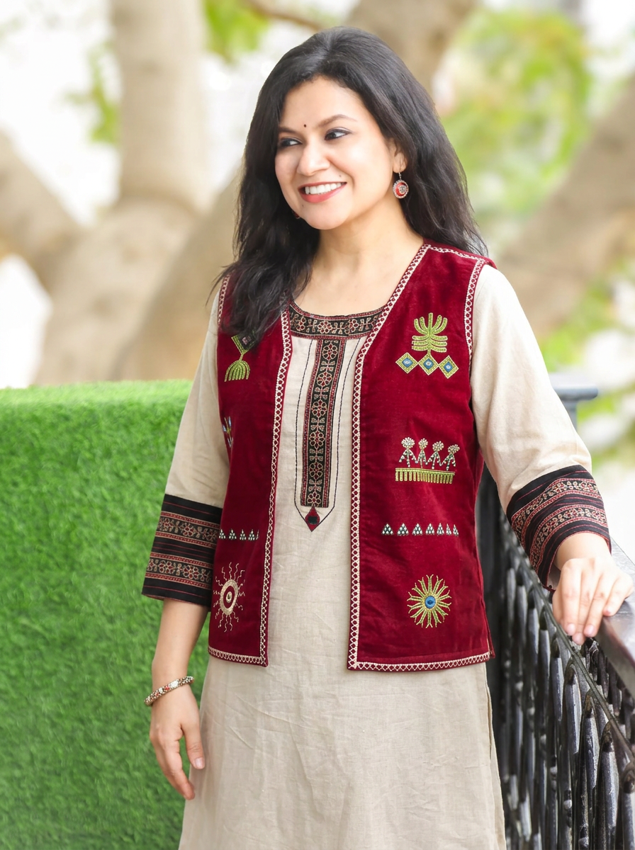 Sara Maroon Embroidered Reversible Cotton Jacket