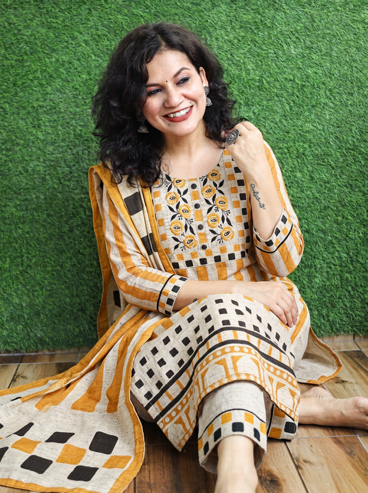 Shanaya White Yellow Embroidered Yoke Raw Cotton Silk 3 Piece Set