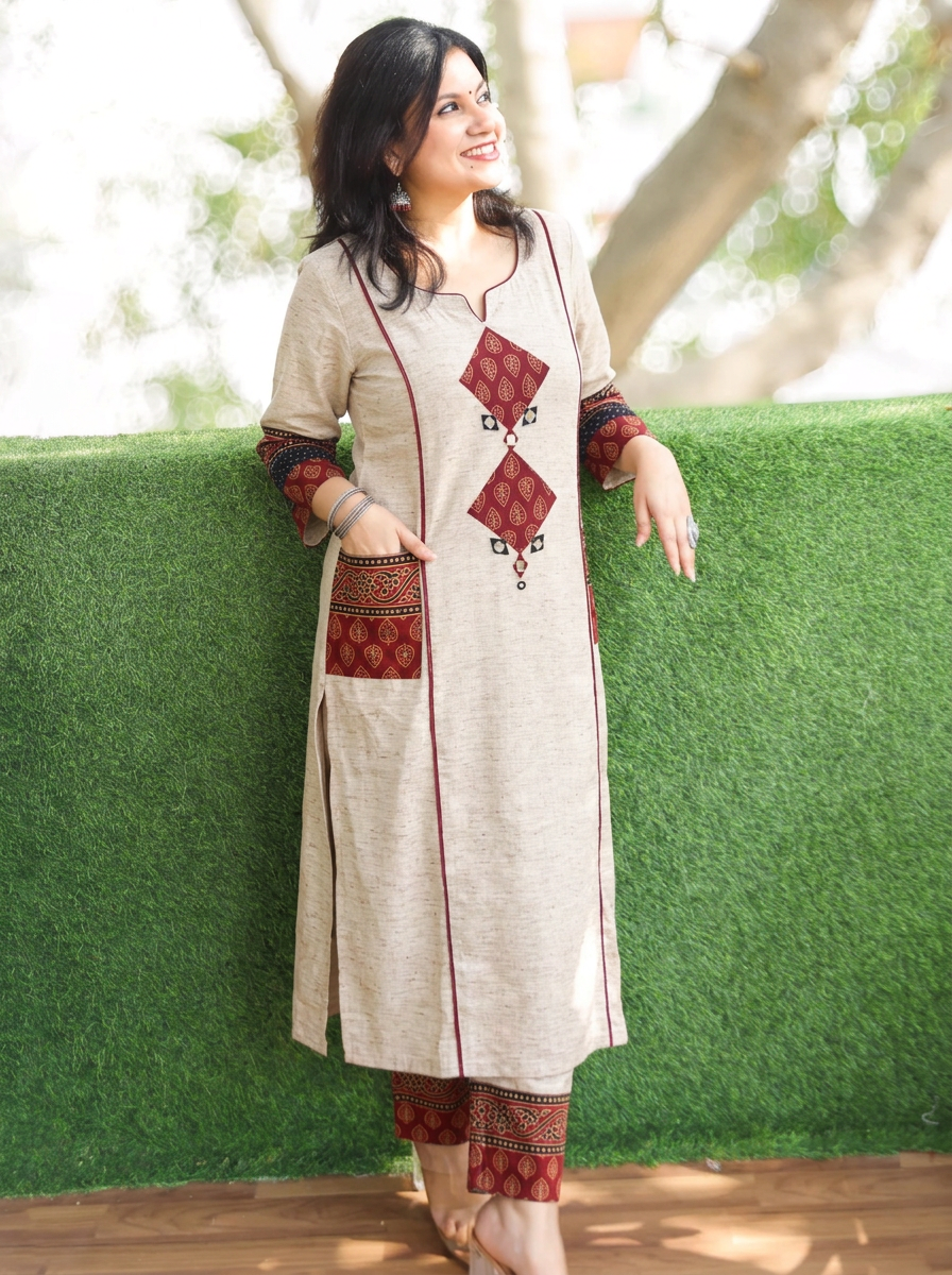 Karishma White Ajrakh Patch with Mirror Panel Style Raw Cotton Silk Co-ord Set