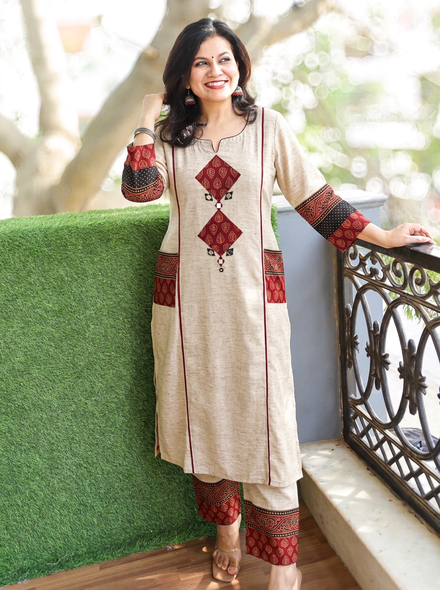 Karishma White Ajrakh Patch with Mirror Panel Style Raw Cotton Silk Co-ord Set