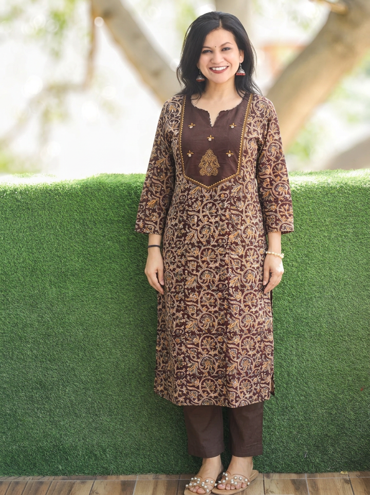 Rashmi Brown Embroidered Yoke Kalamkari Print 2 Piece Set
