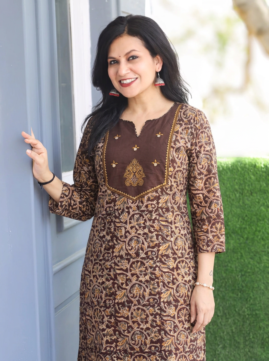Rashmi Brown Embroidered Yoke Kalamkari Print 2 Piece Set