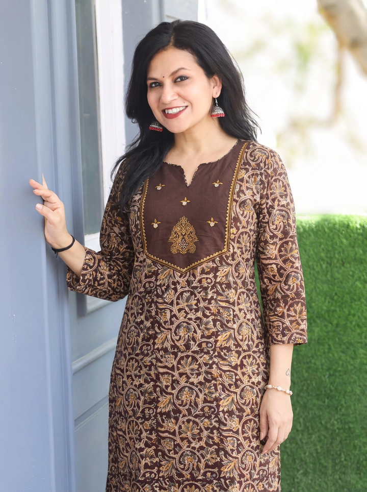Rashmi Brown Embroidered Yoke Kalamkari Print 2 Piece Set