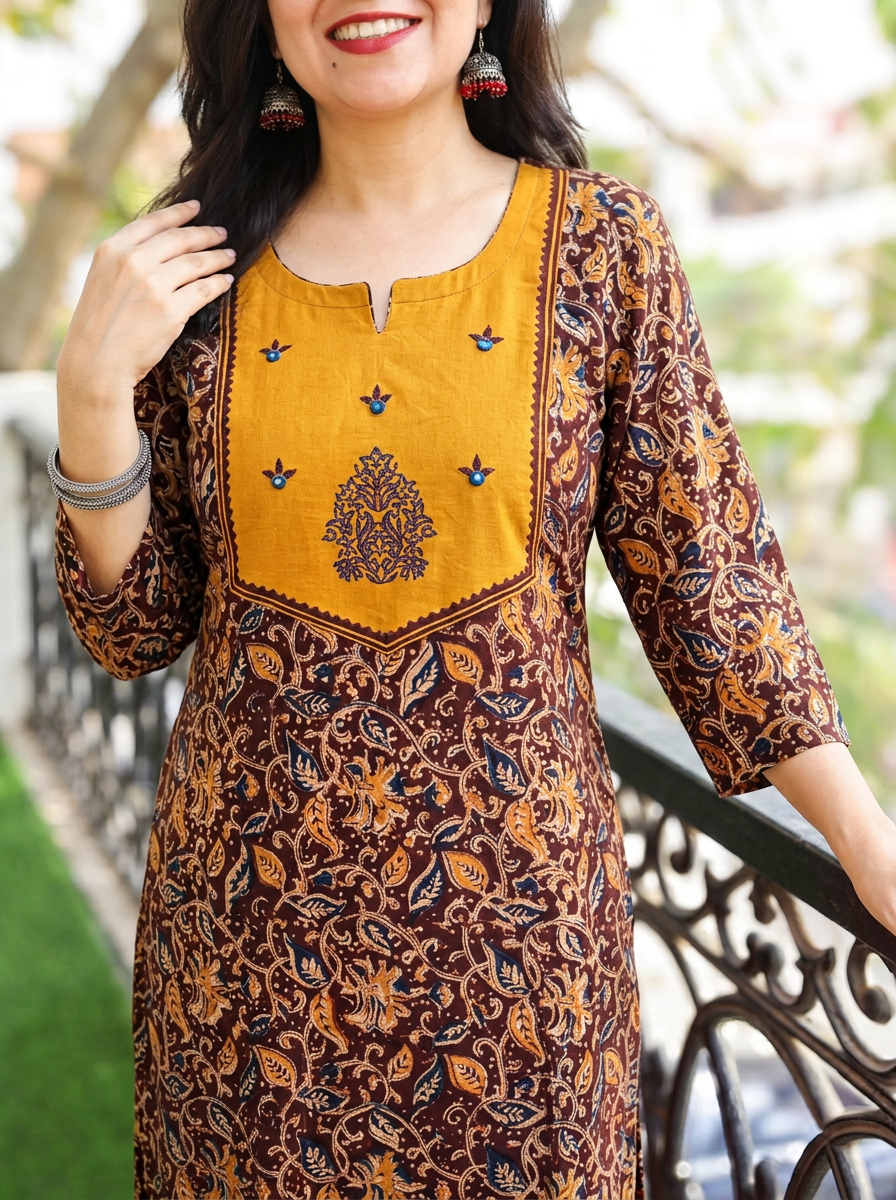 Rashmi Yellow Embroidered Yoke Kalamkari Print 2 Piece Set
