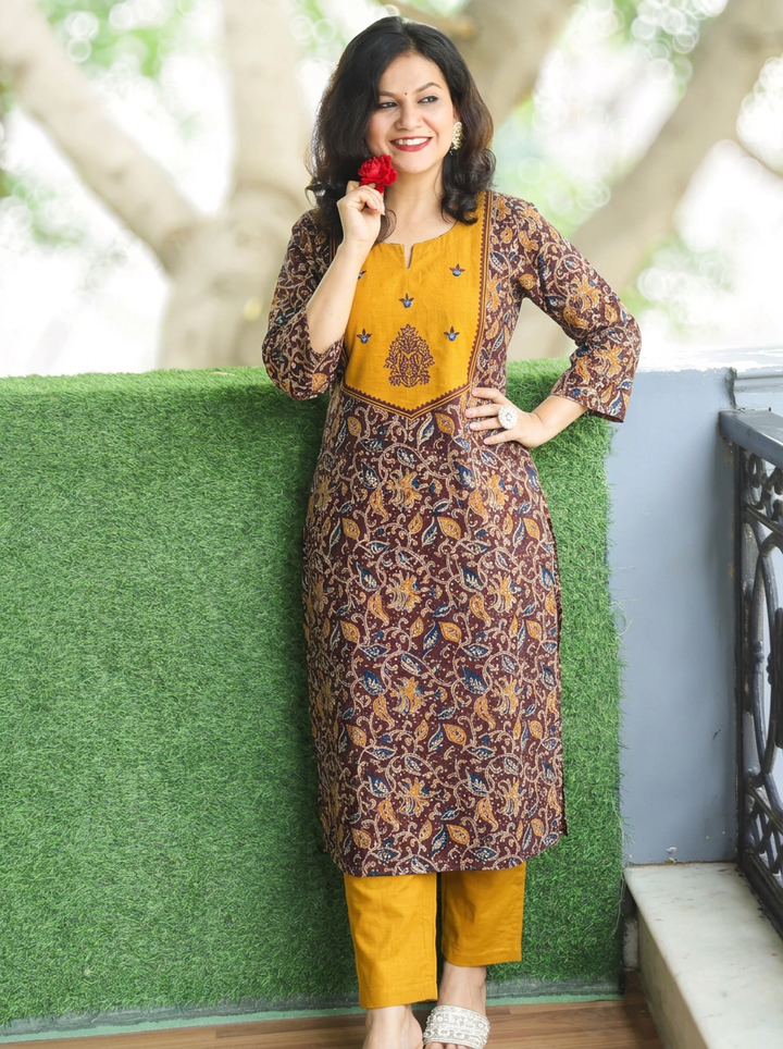 Rashmi Yellow Embroidered Yoke Kalamkari Print 2 Piece Set