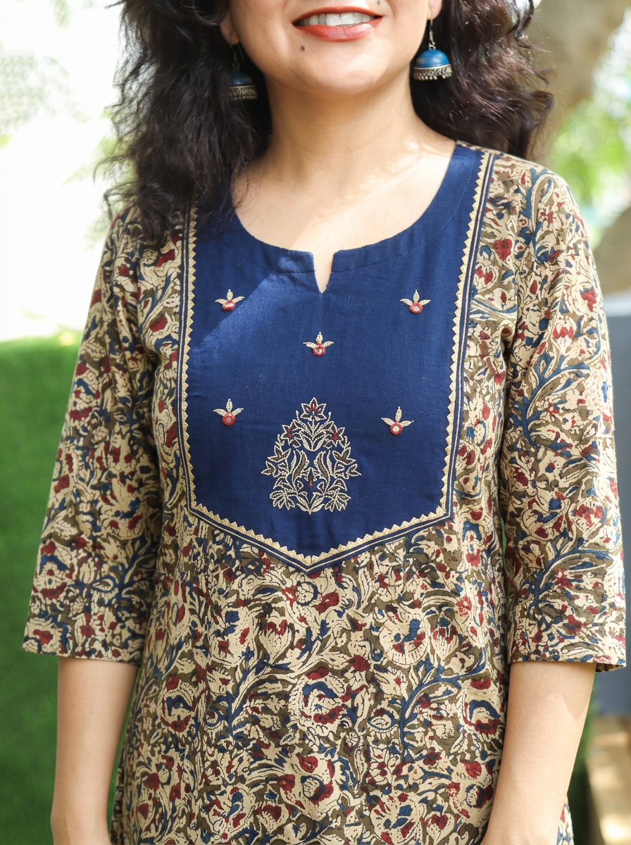 Rashmi Blue Embroidered Yoke Kalamkari Print 2 Piece Set