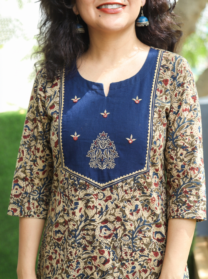 Rashmi Blue Embroidered Yoke Kalamkari Print 2 Piece Set