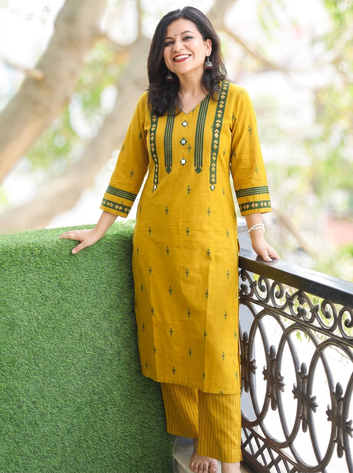 Rahina  Turmeric Yellow Mirror Work Cotton 2 Piece Set