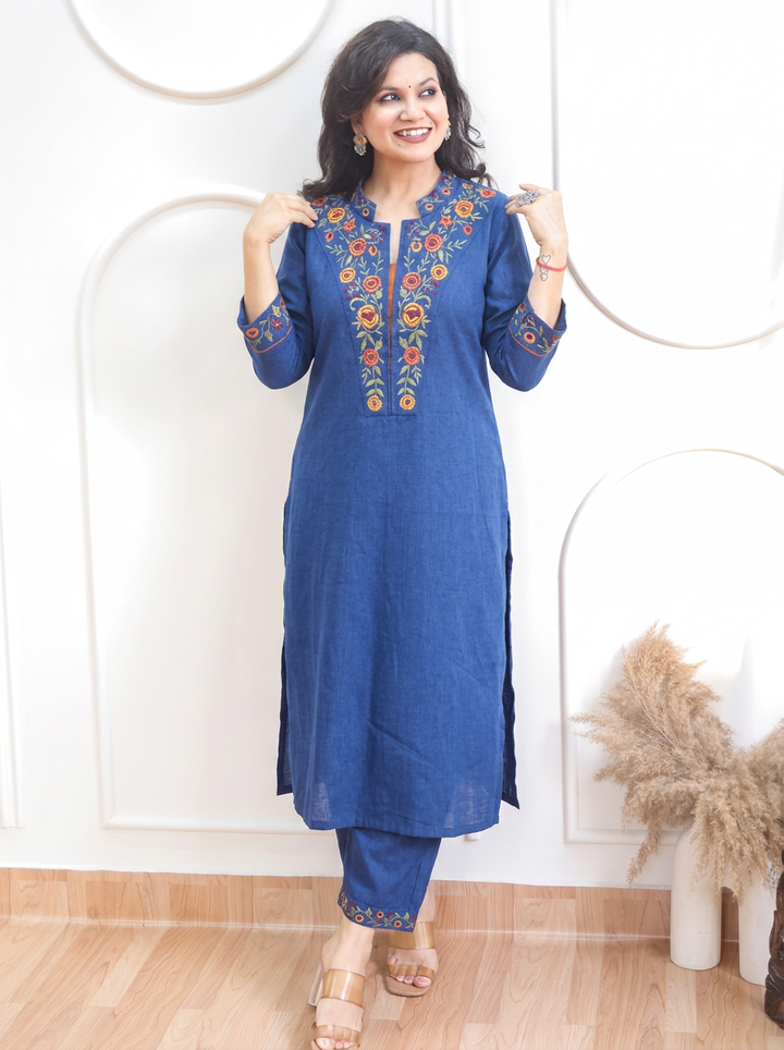 Narzia Denim Blue Embroidered Neck with Collar Linen Co-ord Set