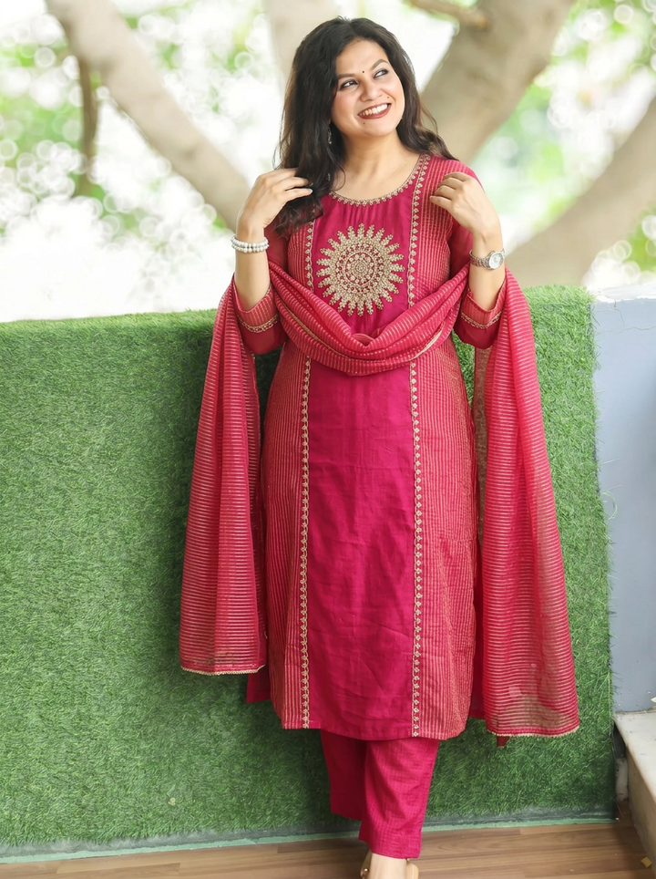 Rudra Rani Pink Embellish Work Panel Style Coral Silk 3 Piece Set