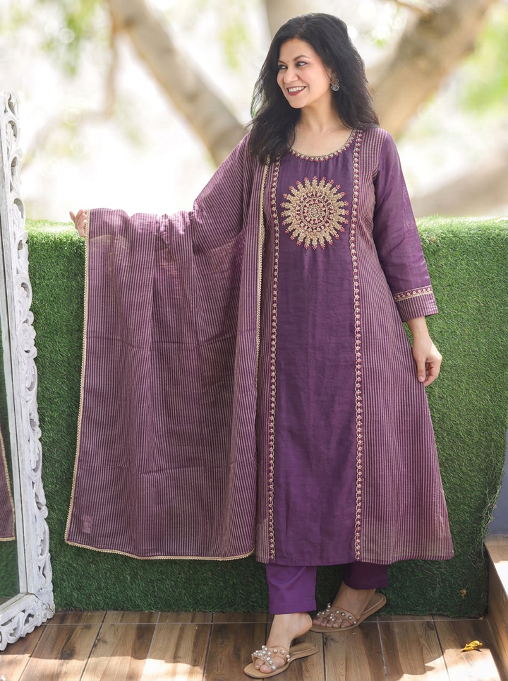 Rudra Jamuni Purple Embellish Work Panel Style Coral Silk 3 Piece Set