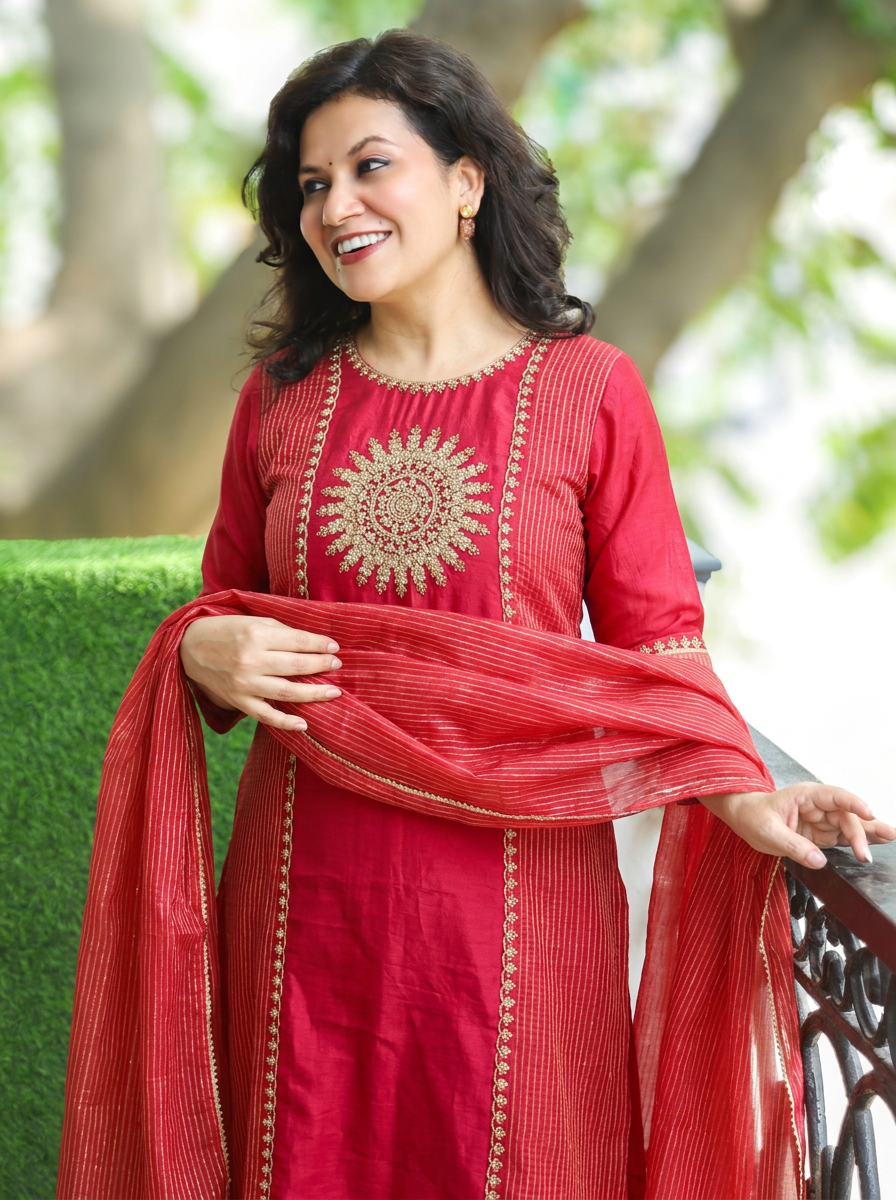 Rudra Rani Pink Embellish Work Panel Style Coral Silk 3 Piece Set