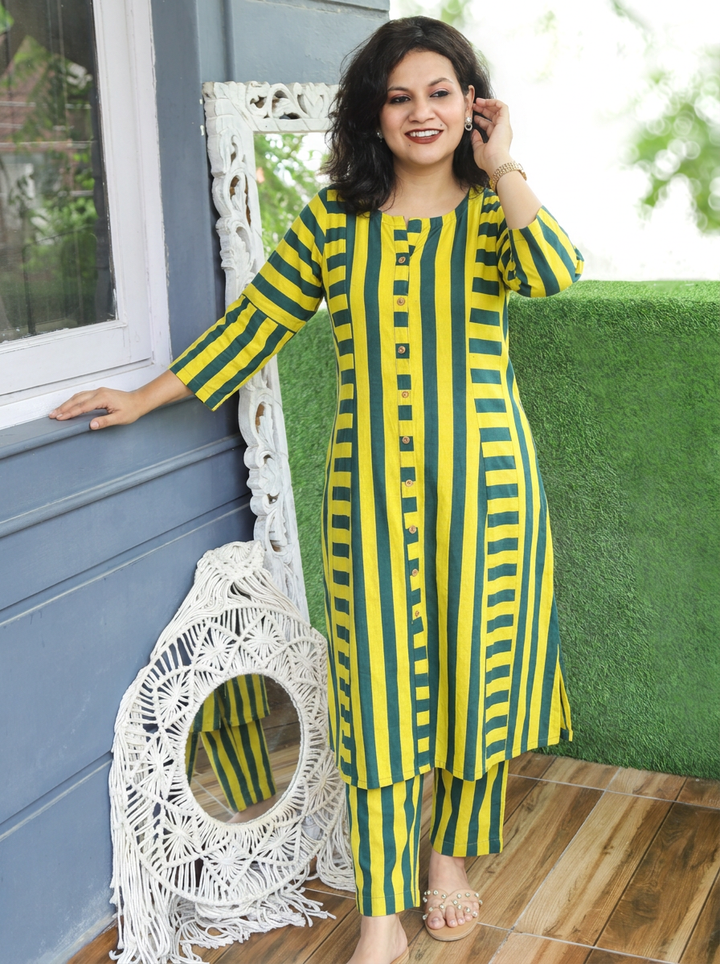 Samiya Yellow Dark Green Semi Natural Stripe Print Co-ord Set