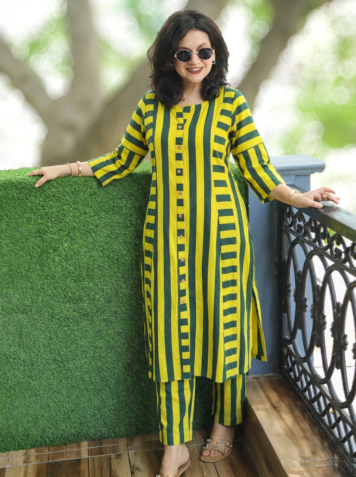 Samiya Yellow Dark Green Semi Natural Stripe Print Co-ord Set