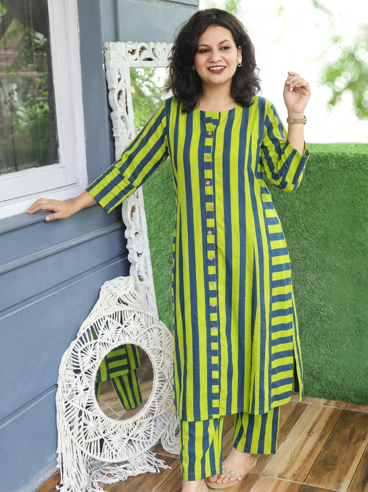 Samiya Green Blue Semi Natural Stripe Print Co-ord Set