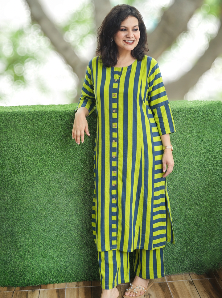 Samiya Green Blue Semi Natural Stripe Print Co-ord Set