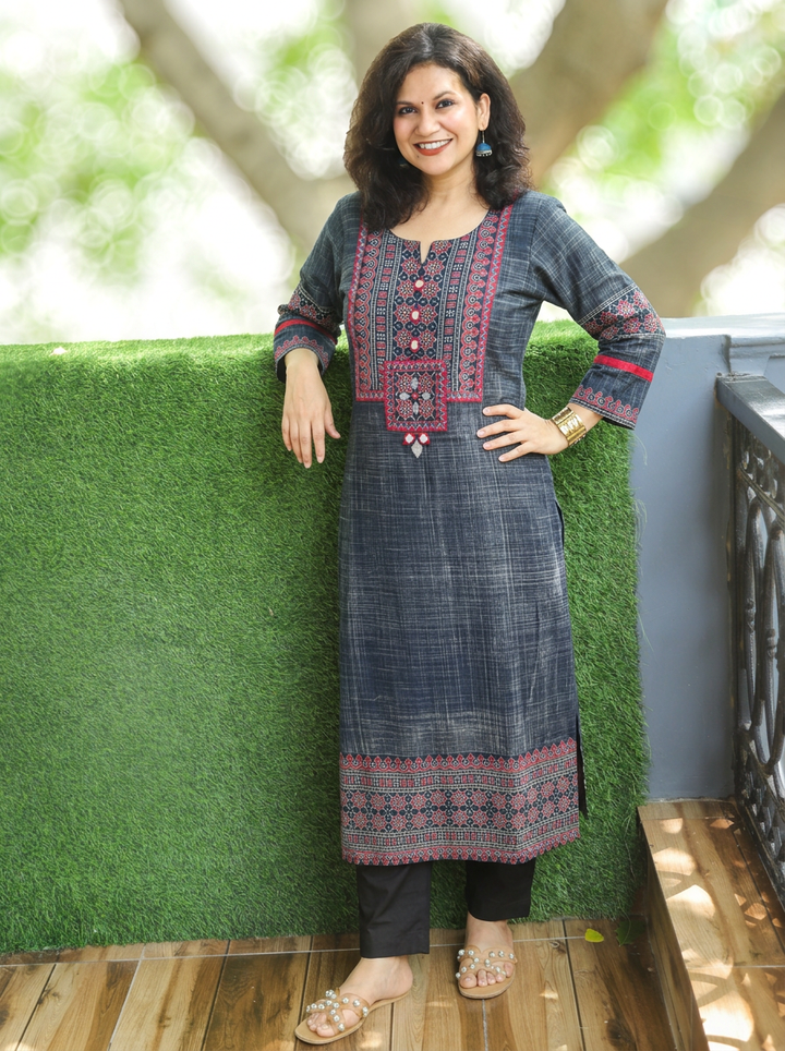 Zariya Denim Blue Ajrakh Yoke Brush Painted Cotton Kurti