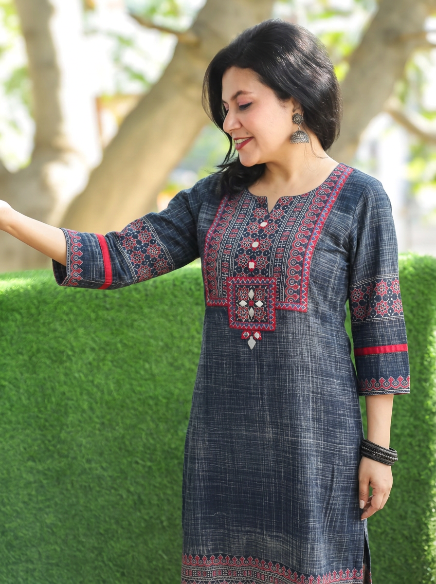 Zariya Denim Blue Ajrakh Yoke Brush Painted Cotton Kurti