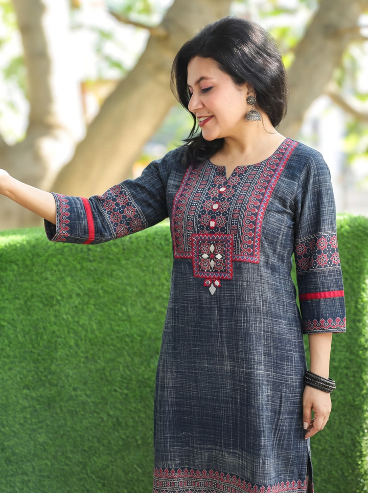 Zariya Denim Blue Ajrakh Yoke Brush Painted Cotton Kurti