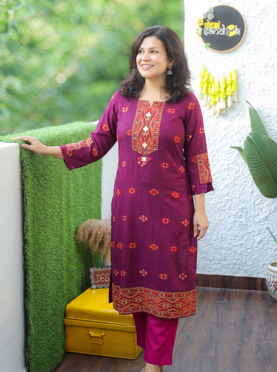 Shachi Wine Purple Mirror Work Kullu Semi Woolen Winter Kurti
