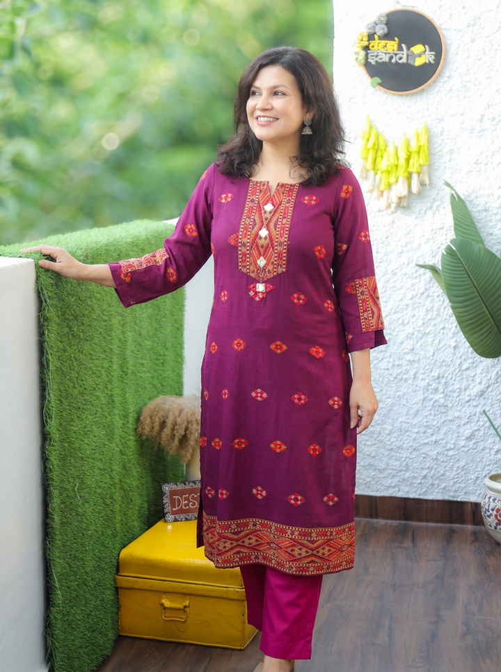 Shachi Wine Purple Mirror Work Kullu Semi Woolen Winter Kurti