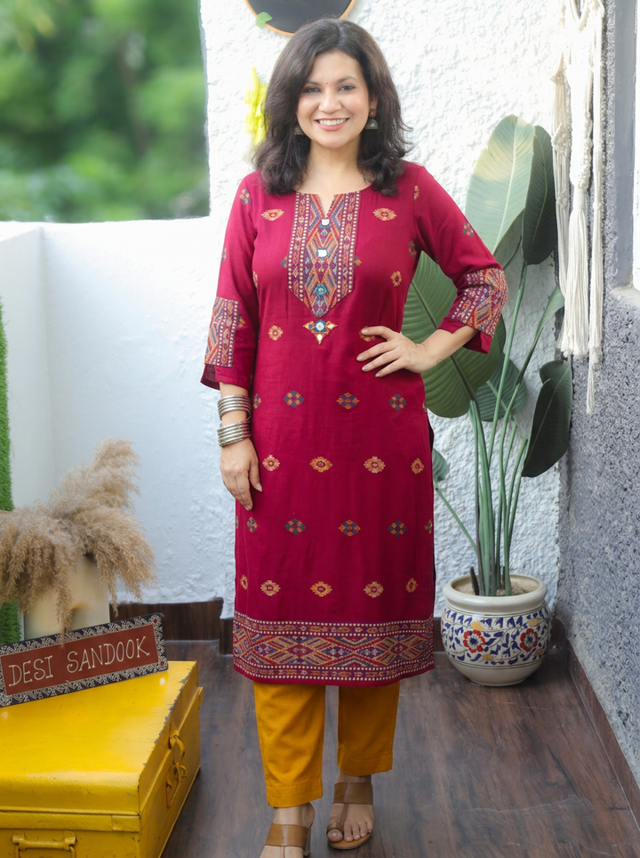Shachi Dark Maroon Mirror Work Kullu Semi Woolen Winter Kurti