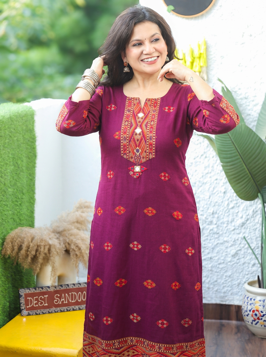 Shachi Wine Purple Mirror Work Kullu Semi Woolen Winter Kurti