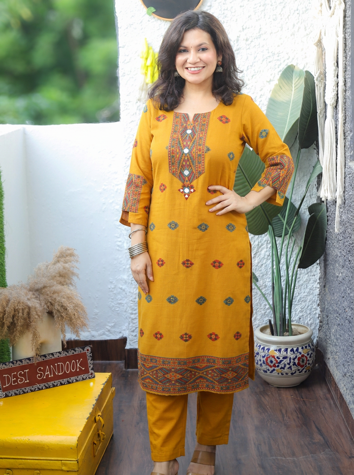 Shachi Dijon Yellow Mirror Work Kullu Semi Woolen Winter Kurti