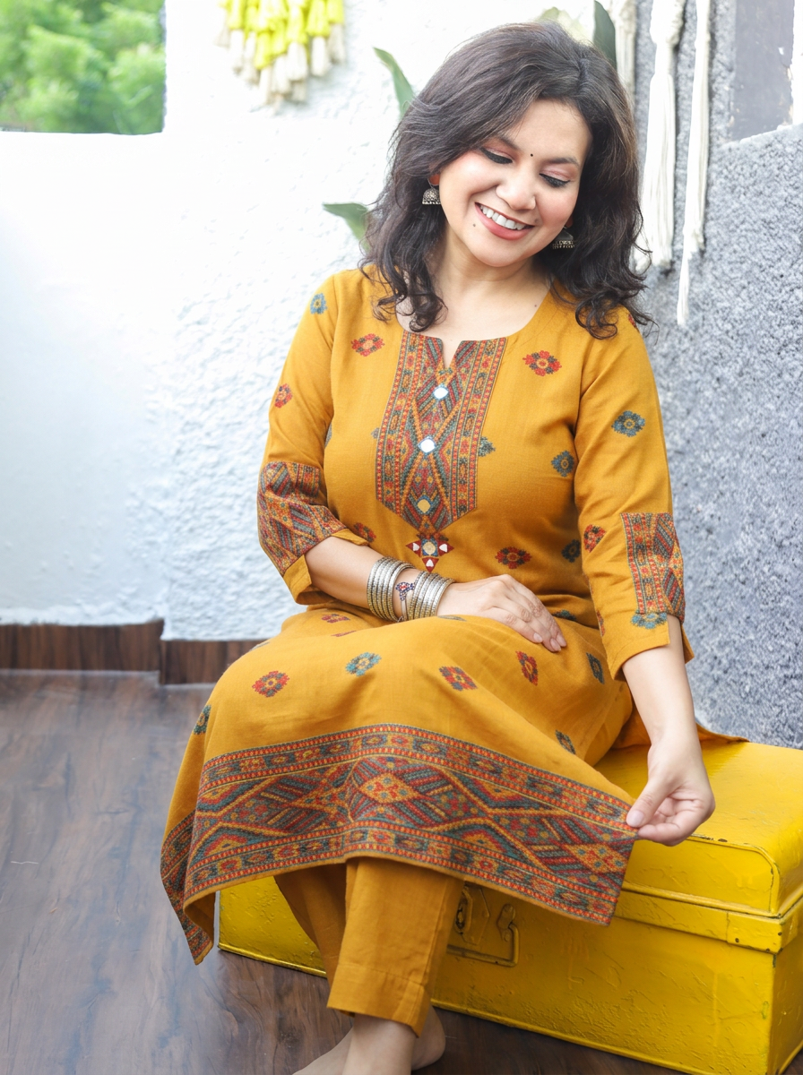 Shachi Dijon Yellow Mirror Work Kullu Semi Woolen Winter Kurti