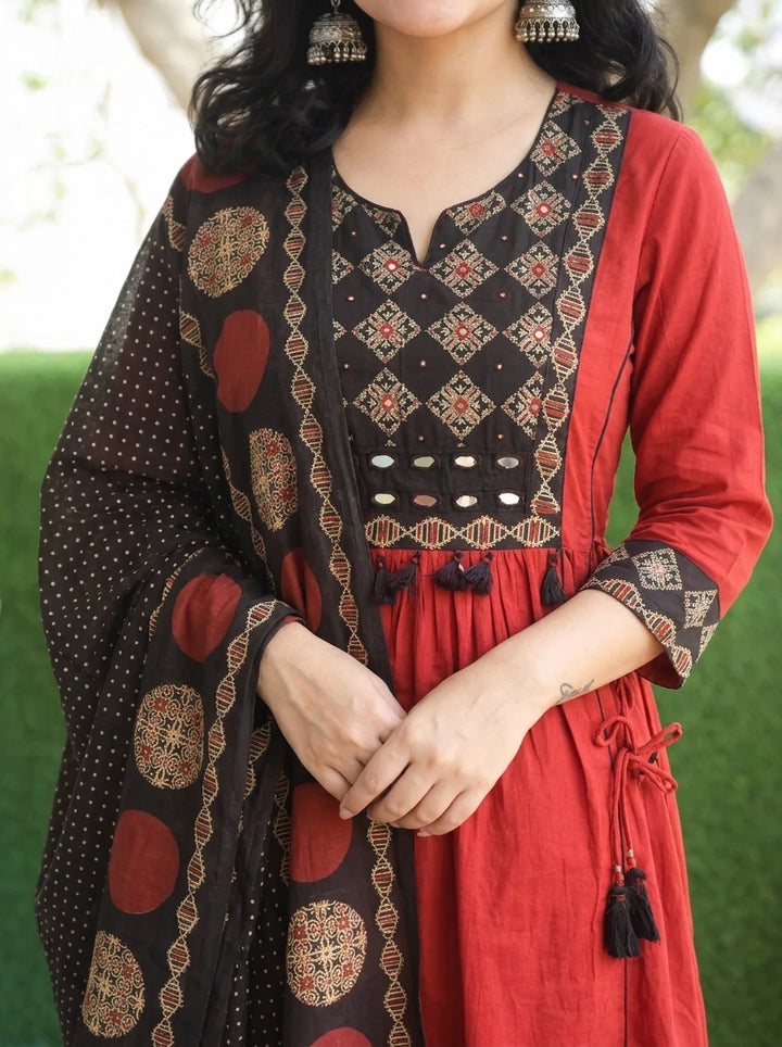 Navya Maroon Red Mirror Work Ajrak Yoke Cotton 3 Piece Set