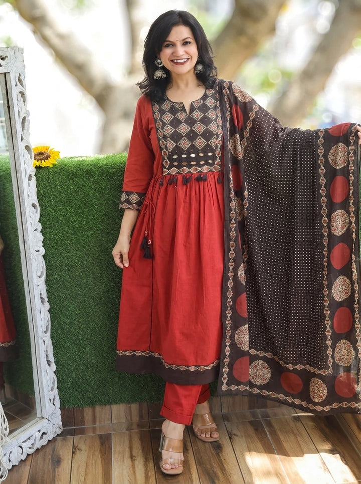 Navya Maroon Red Mirror Work Ajrak Yoke Cotton 3 Piece Set